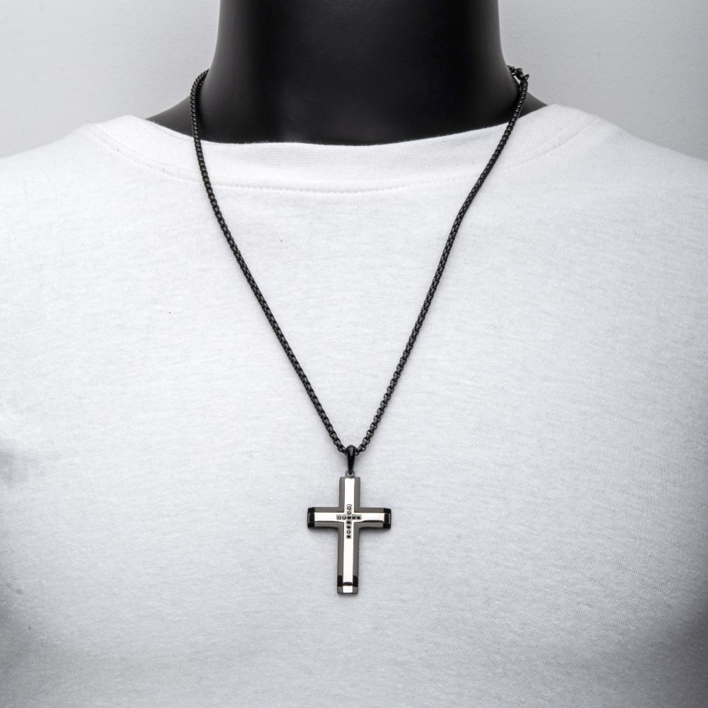 INOX Stainless Steel Black Plated Carved Cross with Sapphire Accents