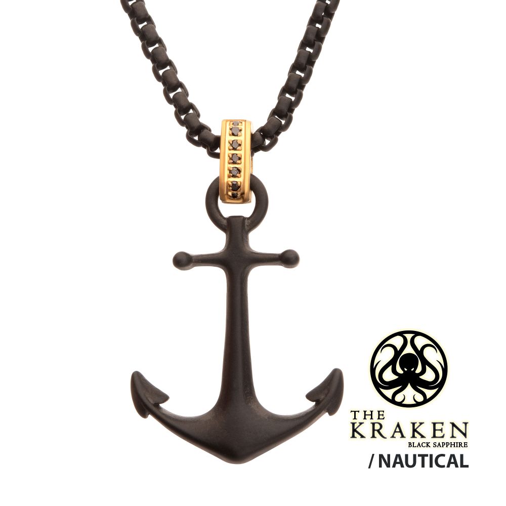 Front view of Black IP-Plated Steel Matte Finish Kraken Anchor Pendant Necklace with Golden Glint & Black Sapphire Accented Bail with Kraken Logo