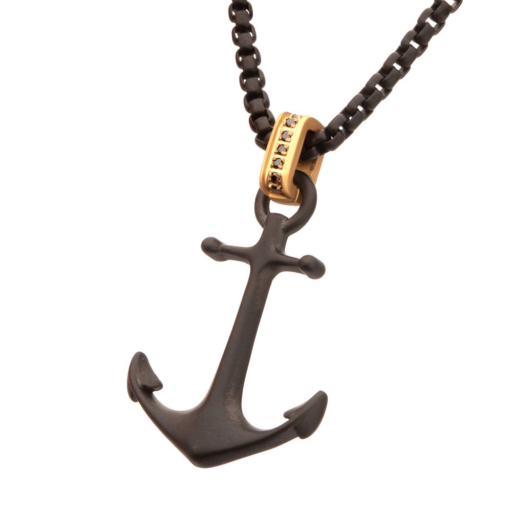 Angled view of Black IP-Plated Steel Matte Finish Kraken Anchor Pendant Necklace with Golden Glint & Black Sapphire Accented Bail