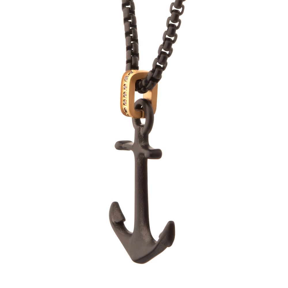 Side view of Black IP-Plated Steel Matte Finish Kraken Anchor Pendant Necklace with Golden Glint & Black Sapphire Accented Bail