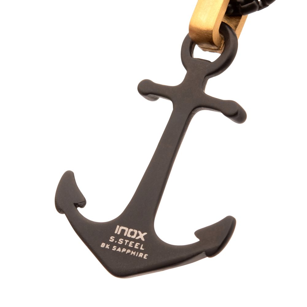 Back view of Black IP-Plated Steel Matte Finish Kraken Anchor Pendant Necklace with Golden Glint & Black Sapphire Accented Bail with Inox Logo