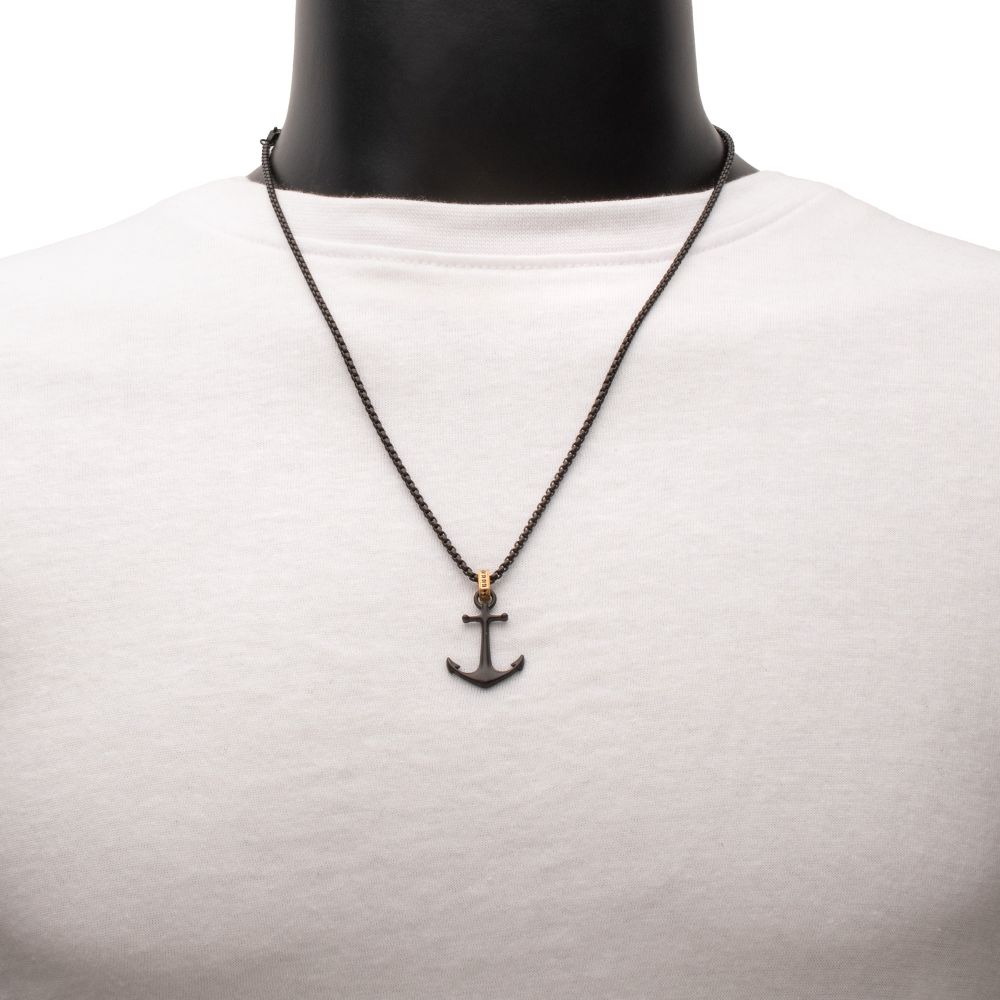 Black IP-Plated Steel Matte Finish Kraken Anchor Pendant Necklace with Golden Glint & Black Sapphire Accented Bail on a mannequin