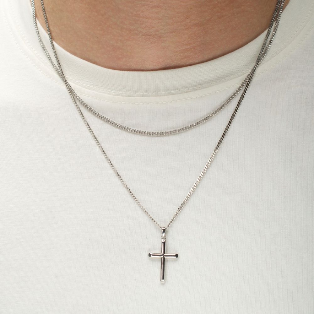 Model View INOX 925 Sterling Silver Classica Cross Pendant with Flat Diamond Cut Chain