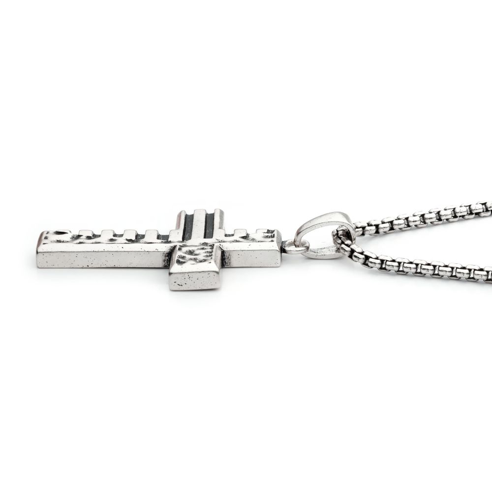 Flat picture of 925 Silver Oxidized Coin Stamped Cross Pendant with Box Chain