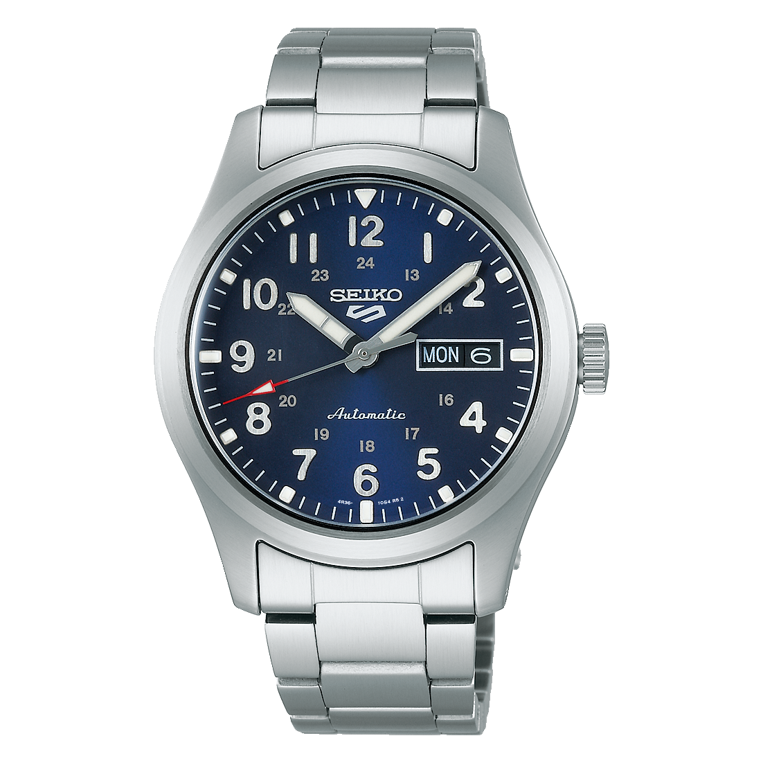 Front view of the SEIKO SRPG29 automatic field watch with blue dial, Arabic numerals, day-date display and stainless steel bracelet.