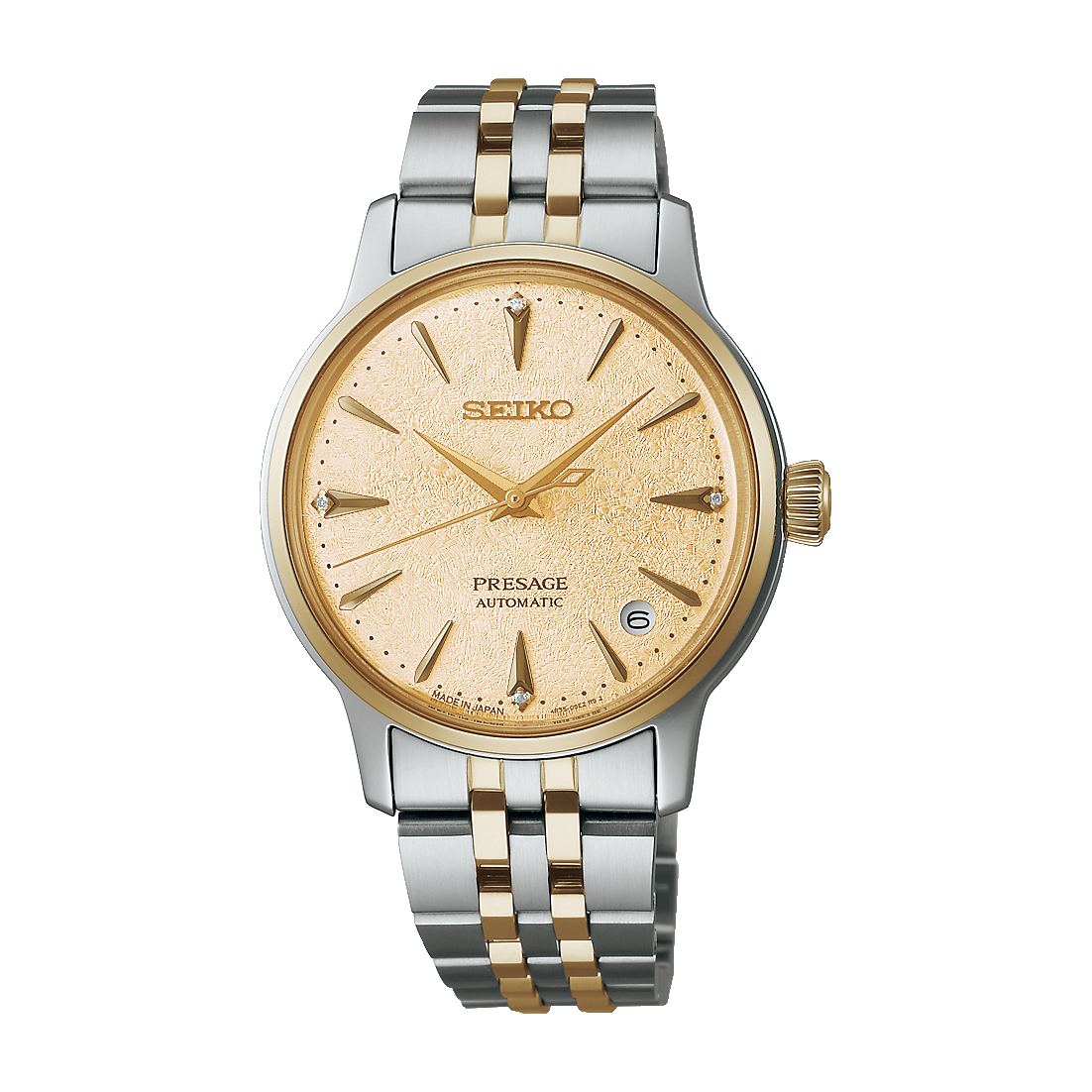 Front view of the SEIKO SRPL64 Presage Cocktail Time watch with champagne textured dial, four diamond hour markers and two-tone stainless steel bracelet.