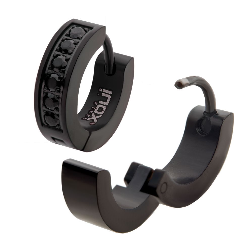 INOX Black IP with Prong Set Round Black CZ Huggie Earrings