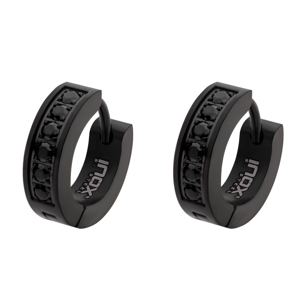 INOX Black IP with Prong Set Round Black CZ Huggie Earrings