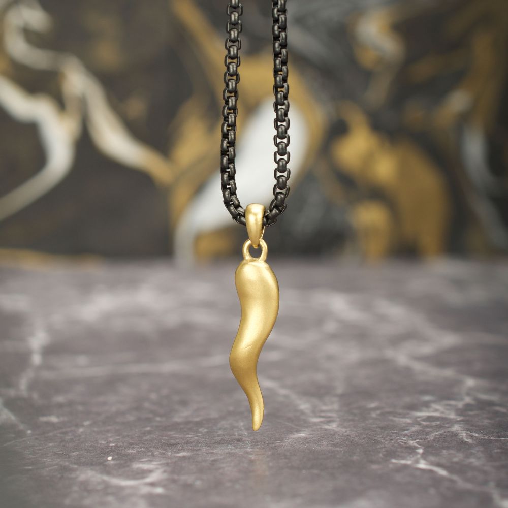 INOX Matte IP-Gold-Plated Steel Italian Horn with Black IP-Plated Steel Box Chain