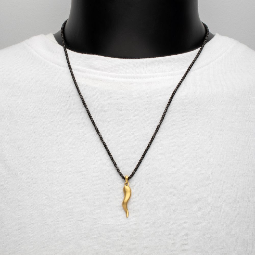 INOX Matte IP-Gold-Plated Steel Italian Horn with Black IP-Plated Steel Box Chain