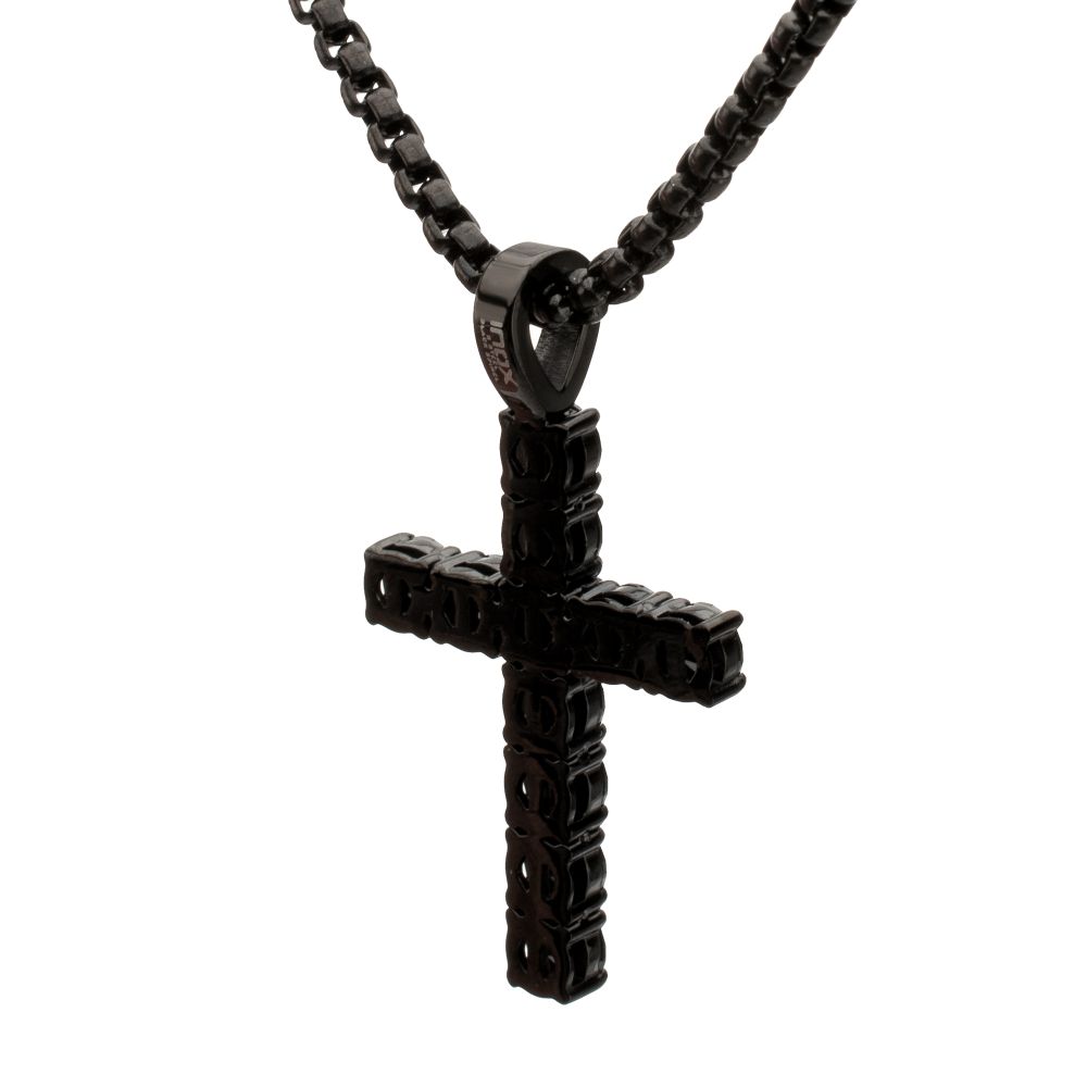 INOX Natural Black Spinel High Polished Black IP-Plated Steel Cross Pendant 2MM 22" Necklace