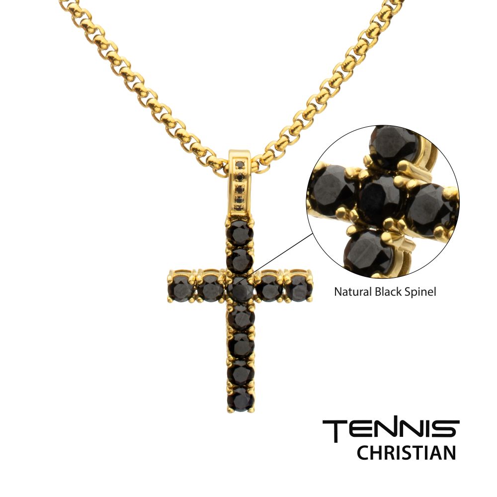 INOX Natural Black Spinel High Polished IP-Gold-Plated Steel Cross Pendant 2.5MM 22" Necklace