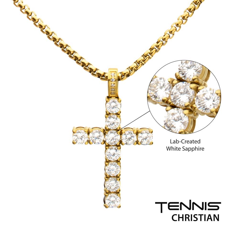 INOX IP-Gold-Plated Steel 1.35CTW. Lab-Created White Sapphire Cross Pendant 2MM 22" Necklace