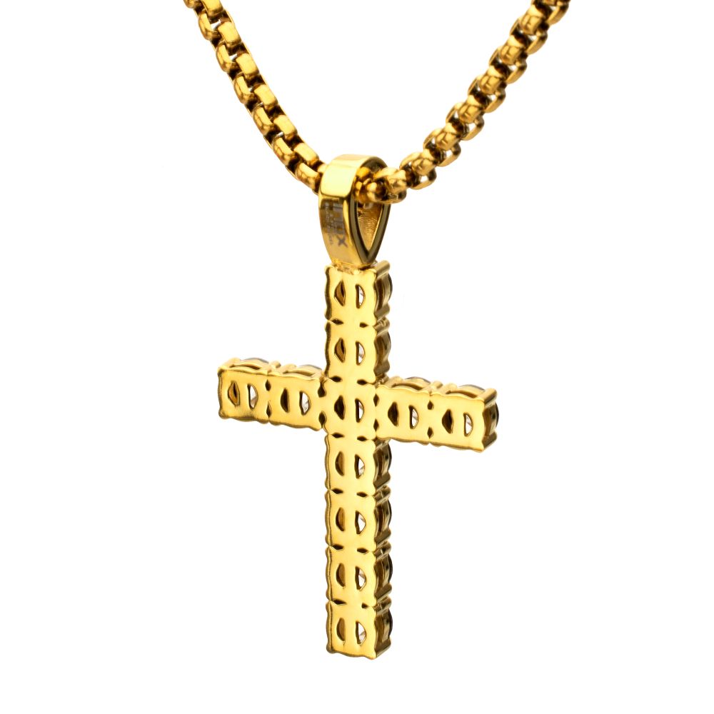 INOX IP-Gold-Plated Steel 1.35CTW. Lab-Created White Sapphire Cross Pendant 2MM 22" Necklace