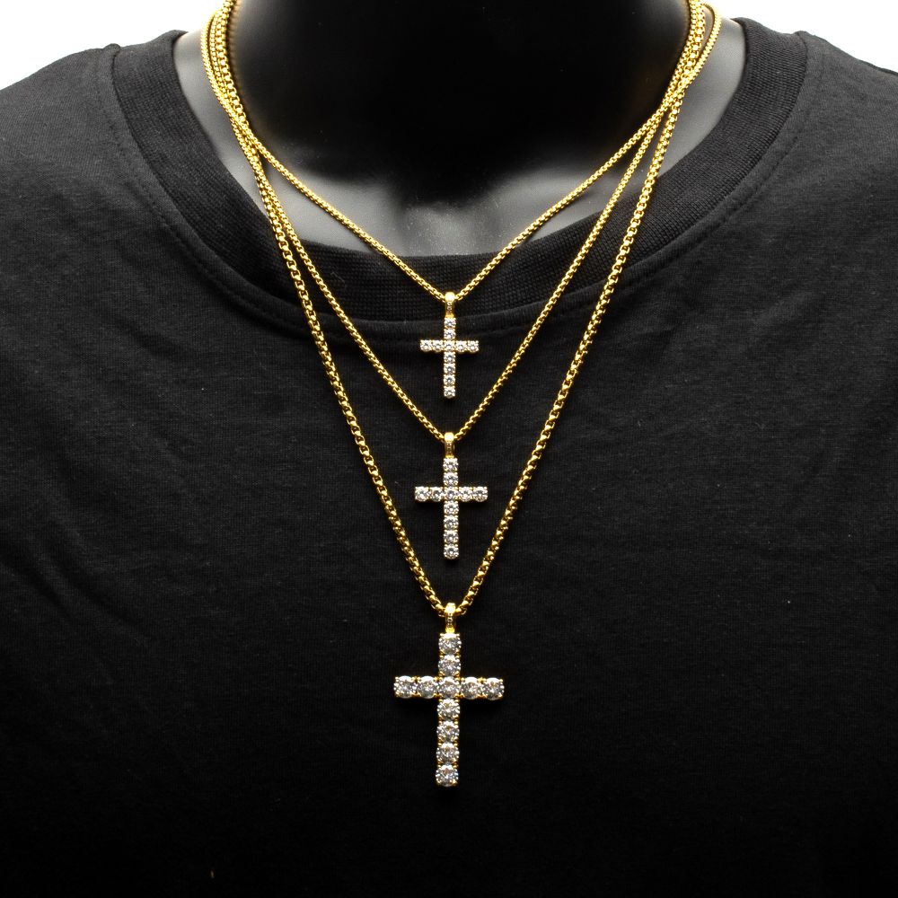 INOX IP-Gold-Plated Steel 1.35CTW. Lab-Created White Sapphire Cross Pendant 2MM 22" Necklace