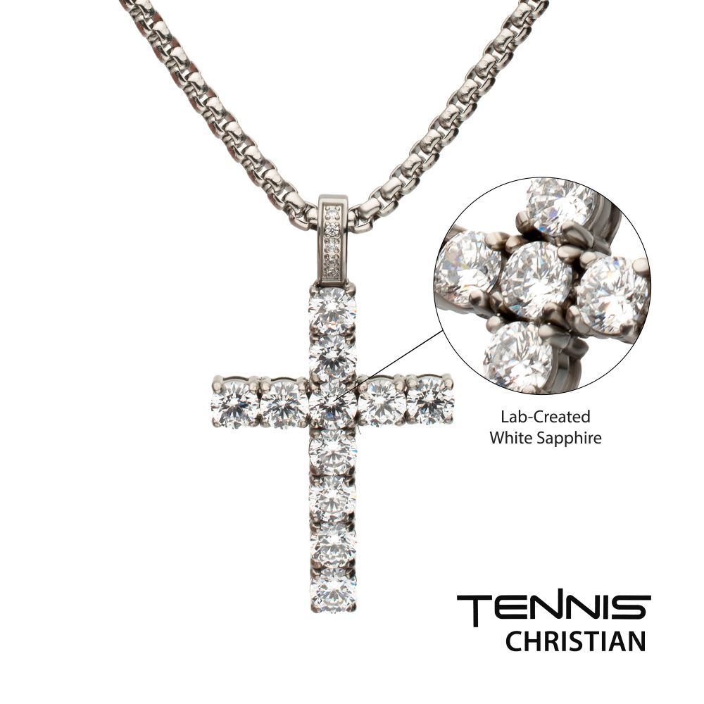 INOX Stainless Steel 3.33CTW. Lab-Created White Sapphire Cross Pendant 2.5MM 22" Necklace