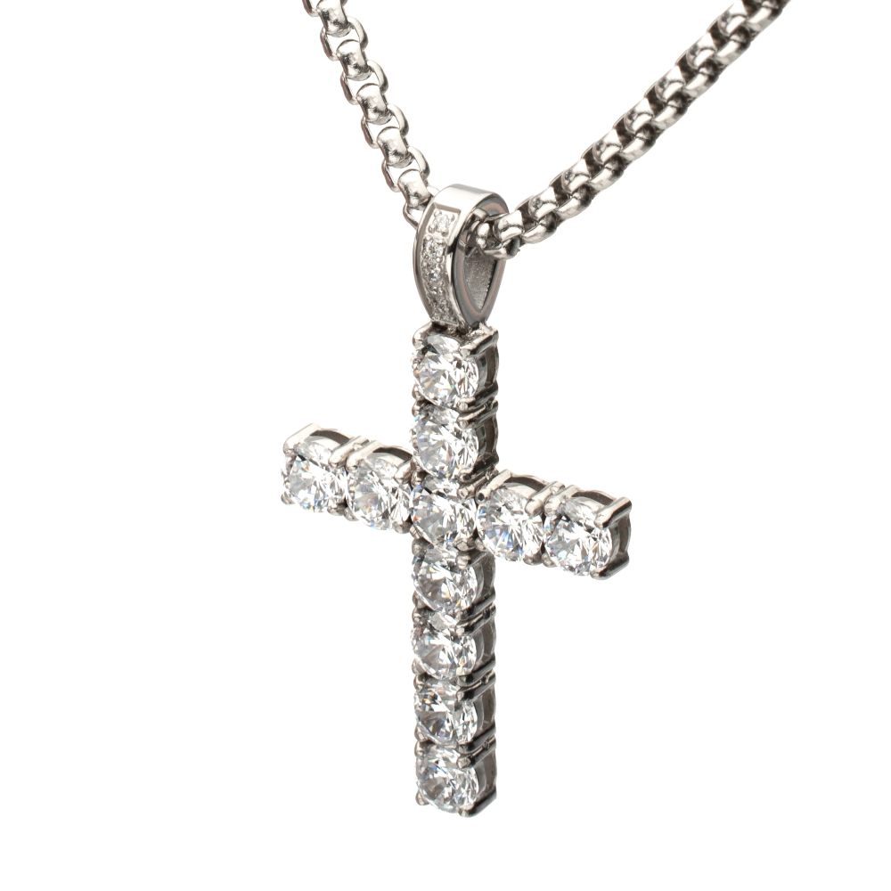 INOX Stainless Steel 3.33CTW. Lab-Created White Sapphire Cross Pendant 2.5MM 22" Necklace