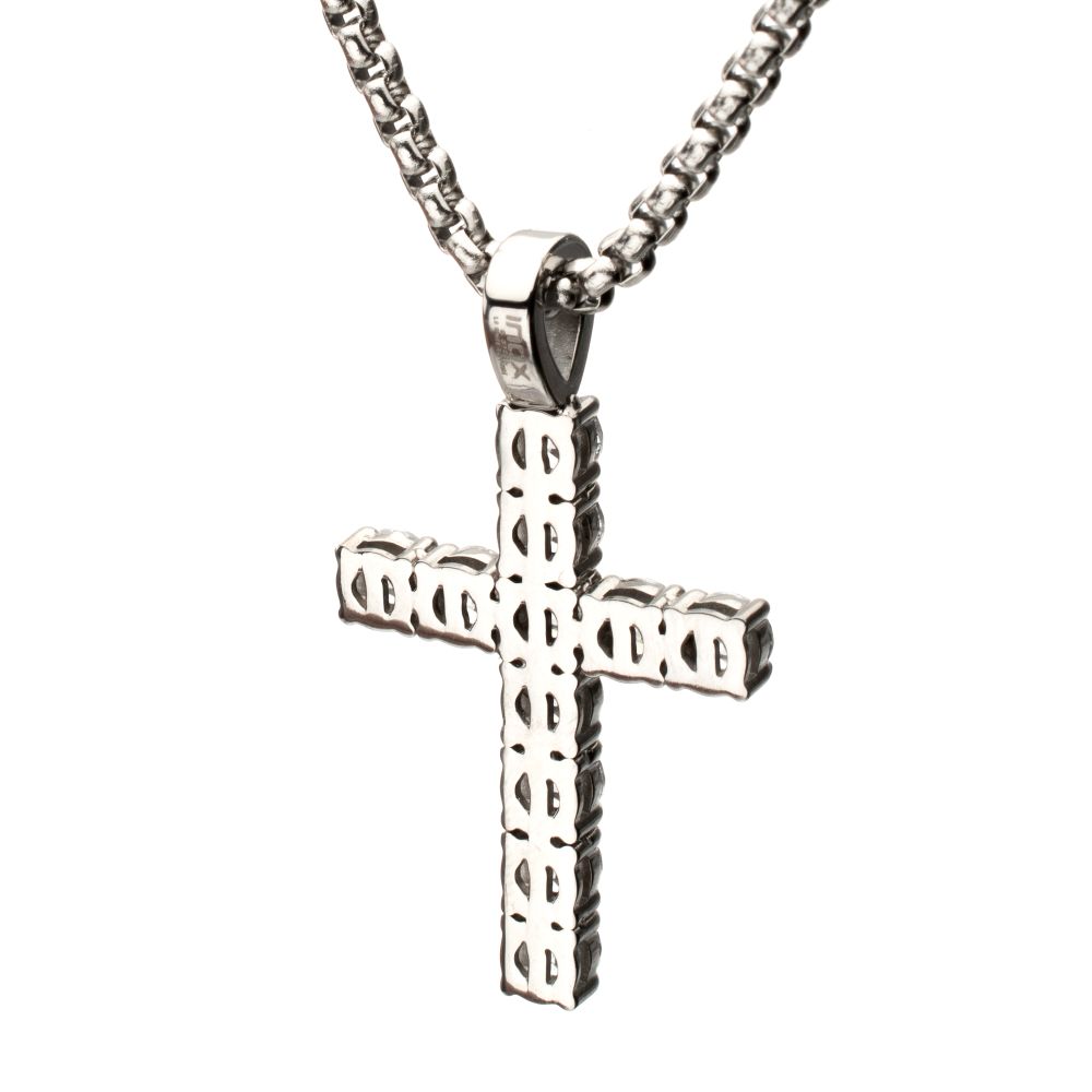 INOX Stainless Steel 3.33CTW. Lab-Created White Sapphire Cross Pendant 2.5MM 22" Necklace