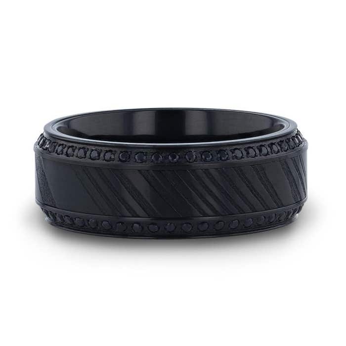 Thorsten "TROPHY" Black Damascus Steel & Titanium Men's Wedding Band With Black Sapphire