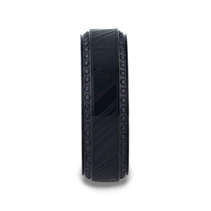 Thorsten "TROPHY" Black Damascus Steel & Titanium Men's Wedding Band With Black Sapphire