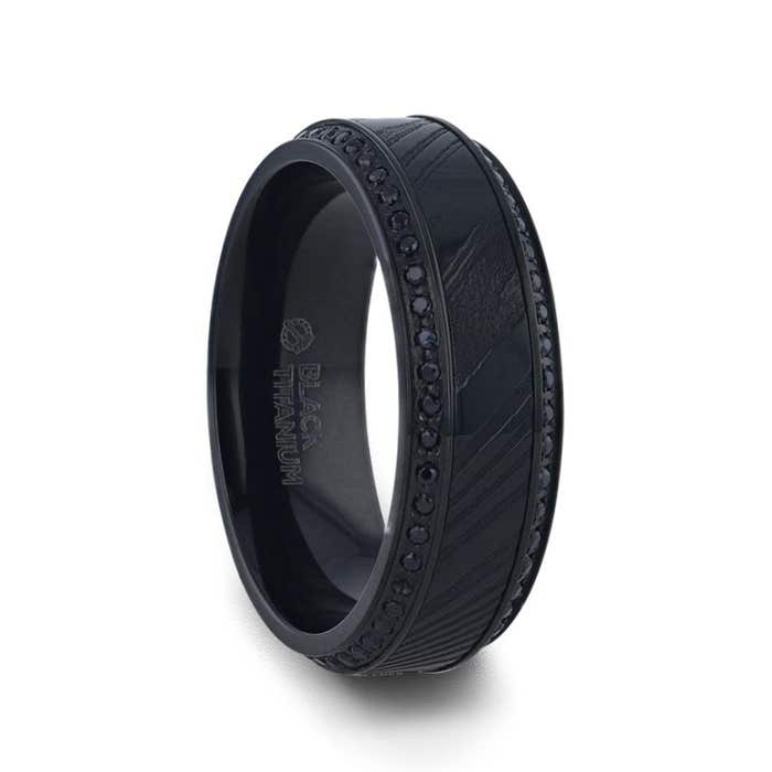 Thorsten "TROPHY" Black Damascus Steel & Titanium Men's Wedding Band With Black Sapphire