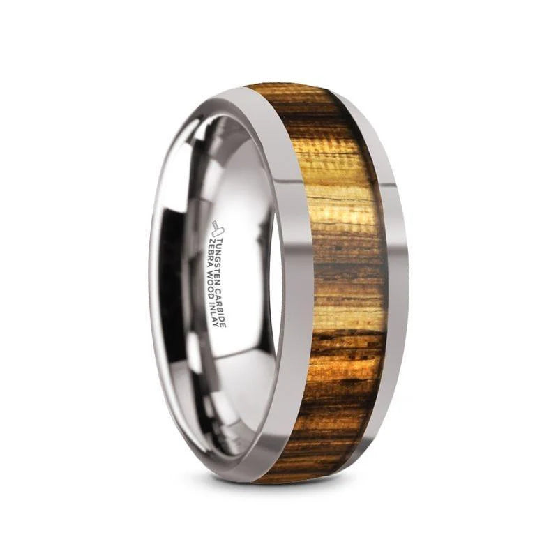 Thorsten "TIGRE" 8MM Zebra Wood Inlay Polished Finish Men’s Domed Wedding Band