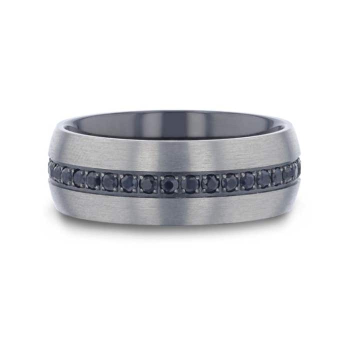 Thorsten "AVIATOR" Domed Brushed Titanium Wedding Band with Black Sapphires