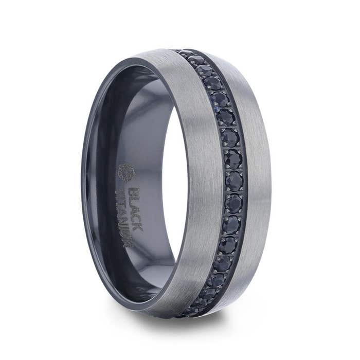 Thorsten "AVIATOR" Domed Brushed Titanium Wedding Band with Black Sapphires