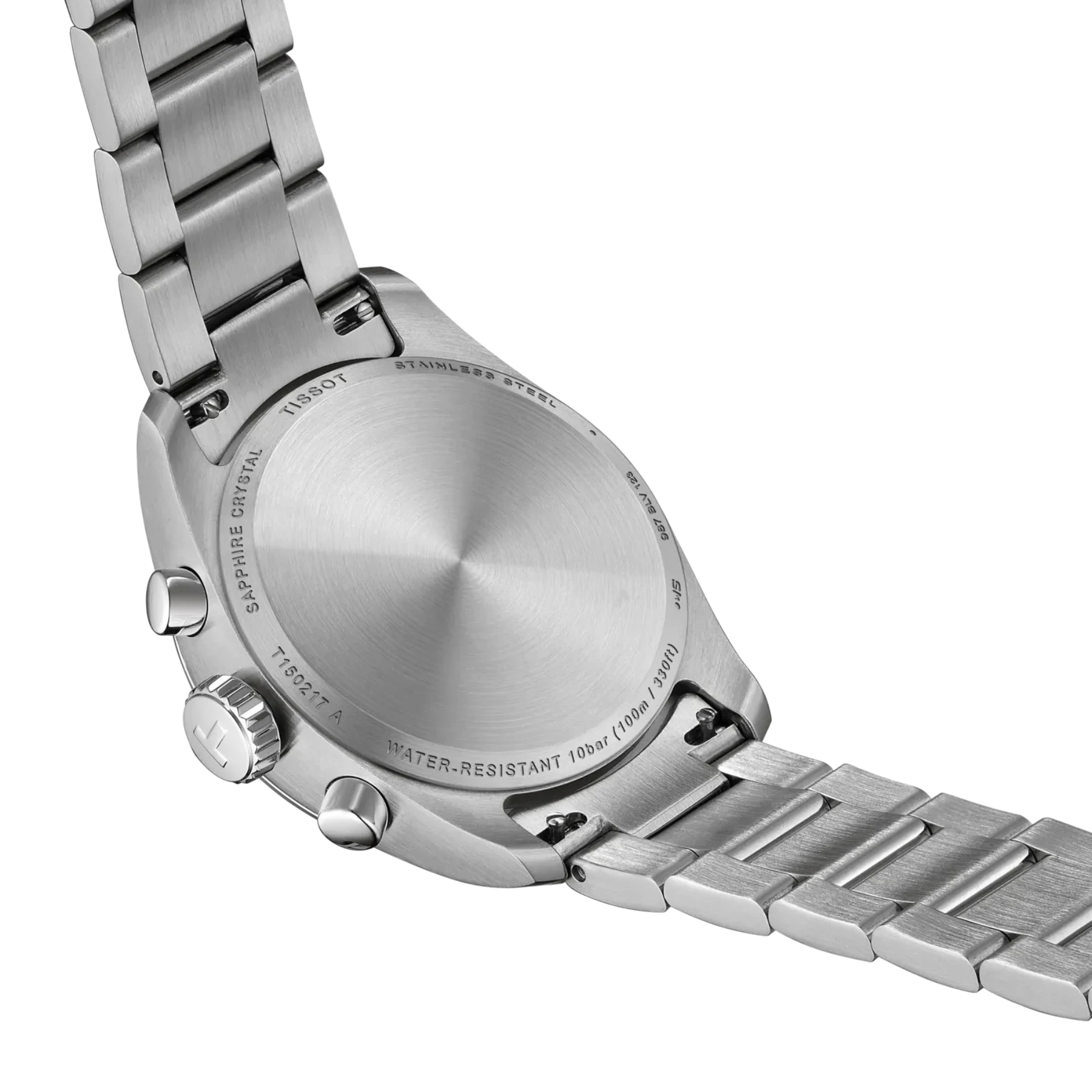Close-up of a silver watch with a detailed back view on a white background