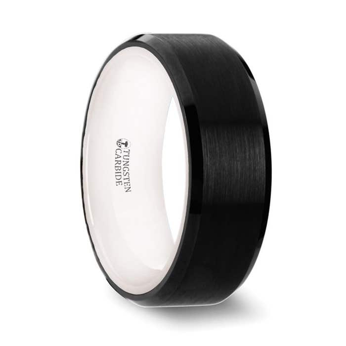 Thorsten "SIGMA" Black Tungsten Brushed Center Men’s Wedding Band with Polished Beveled Edges & White Interior
