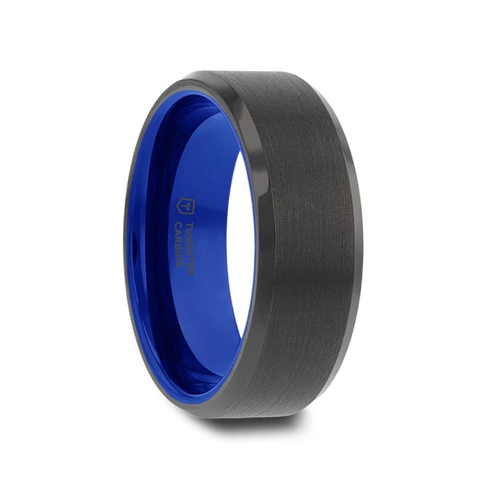 Thorsten "RIGEL" Flat Beveled Edges Black Tungsten Ring with Brushed Center and Vibrant Blue Inside