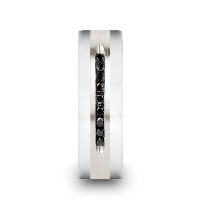 Thorsten "BLACKSTONE" Tungsten Wedding Band with Brushed Silver Inlay Center and Black Diamonds