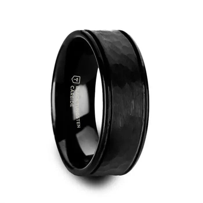 Thorsten "JOINER" 8MM Hammered Finish Center Black Tungsten with Dual Offset Grooves and Polished Edges Men’s Domed Wedding Band