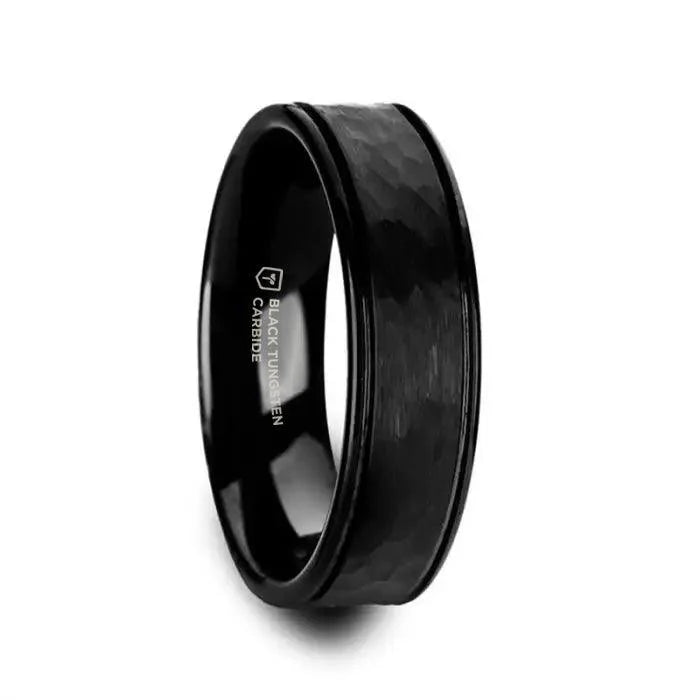 Thorsten "JOINER" 8MM Hammered Finish Center Black Tungsten with Dual Offset Grooves and Polished Edges Men’s Domed Wedding Band