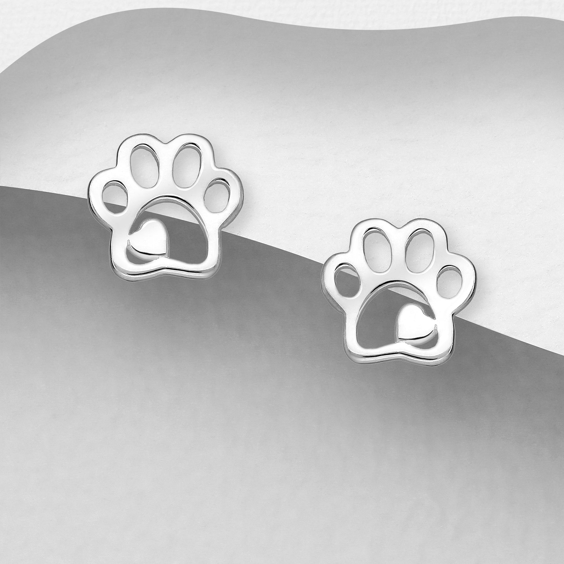 CARA Sterling Silver Open Paw Print with Heart Stud Earrings