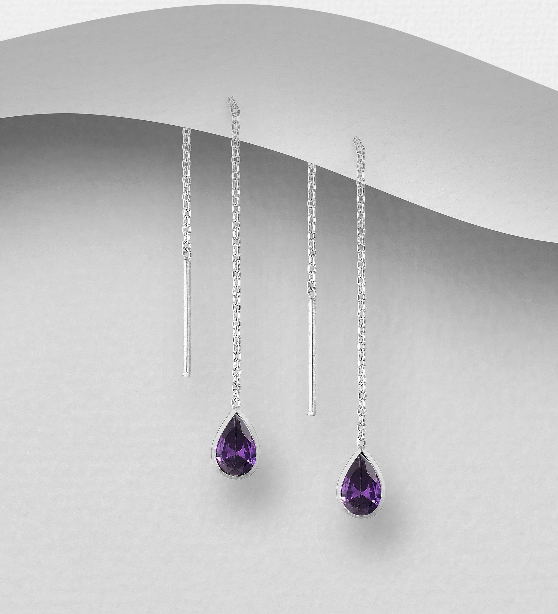 925 Sterling Silver Threader Earrings Decorated with Purple CZ Diamonds