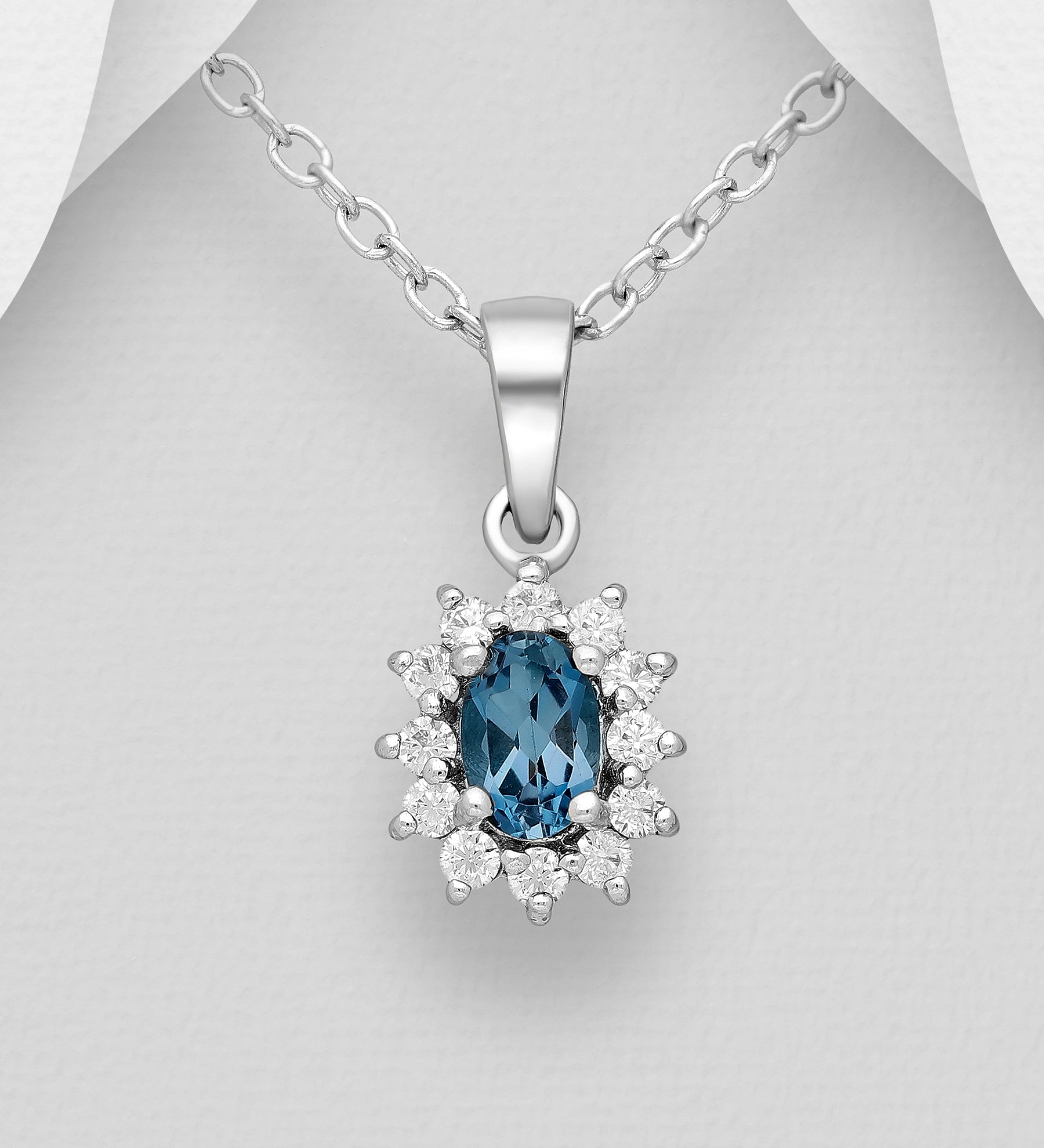 Sterling Silver London Blue Topaz & Synthetic Diamond Halo Pendant