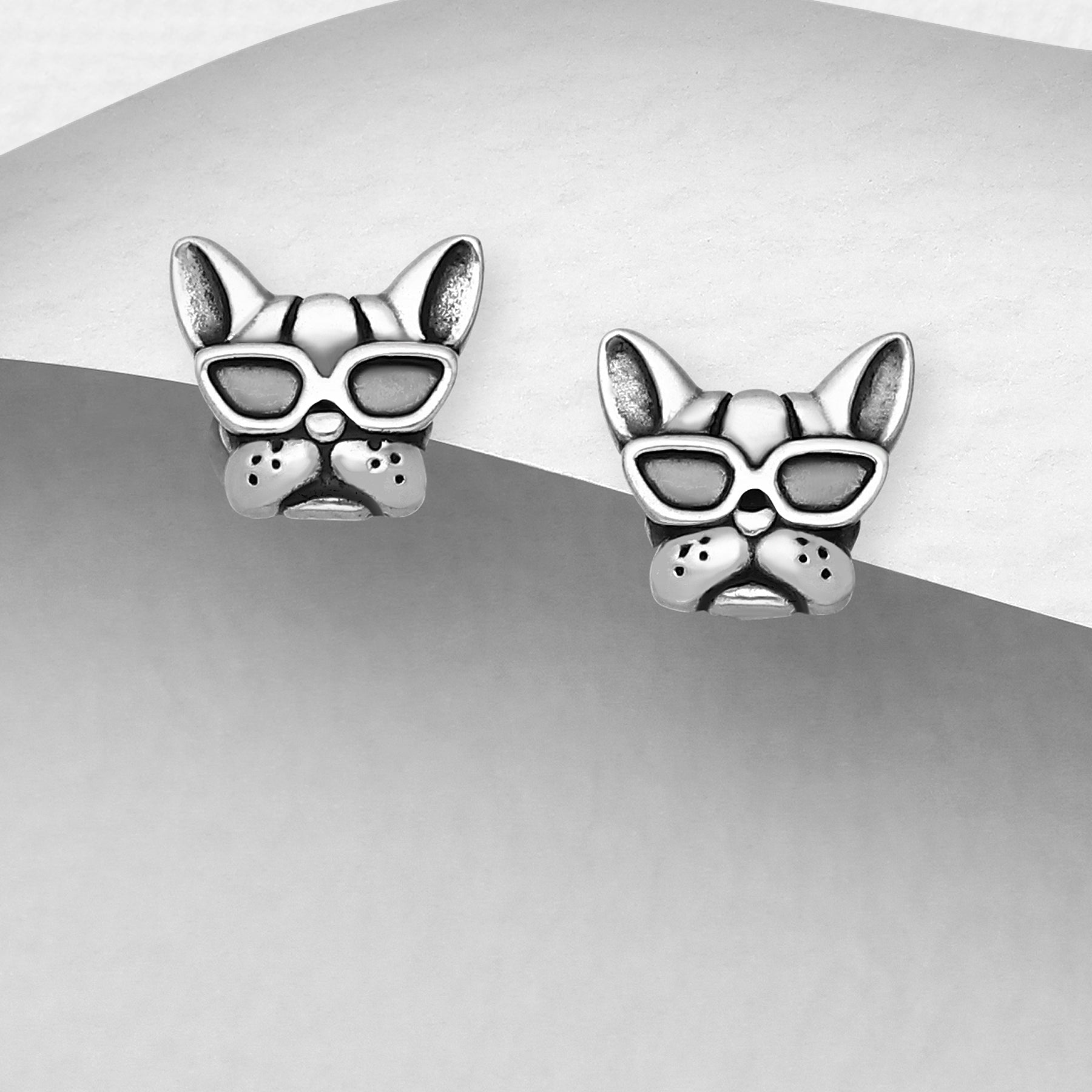 CARA Sterling Silver Cool-Dude Frenchie Stud Earrings