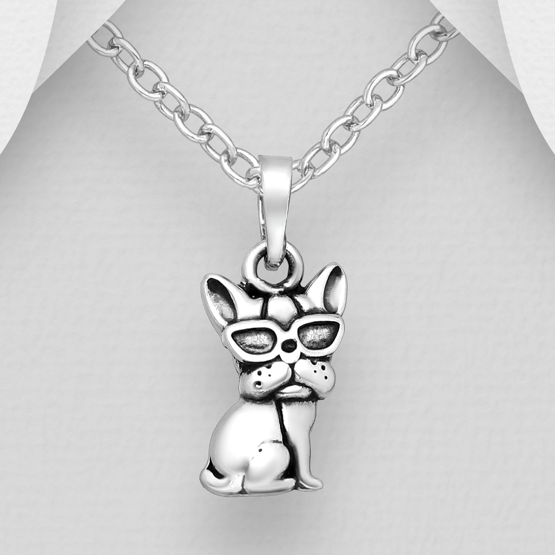 CARA Sterling Silver Cool-Dude Frenchie Pendant Necklace