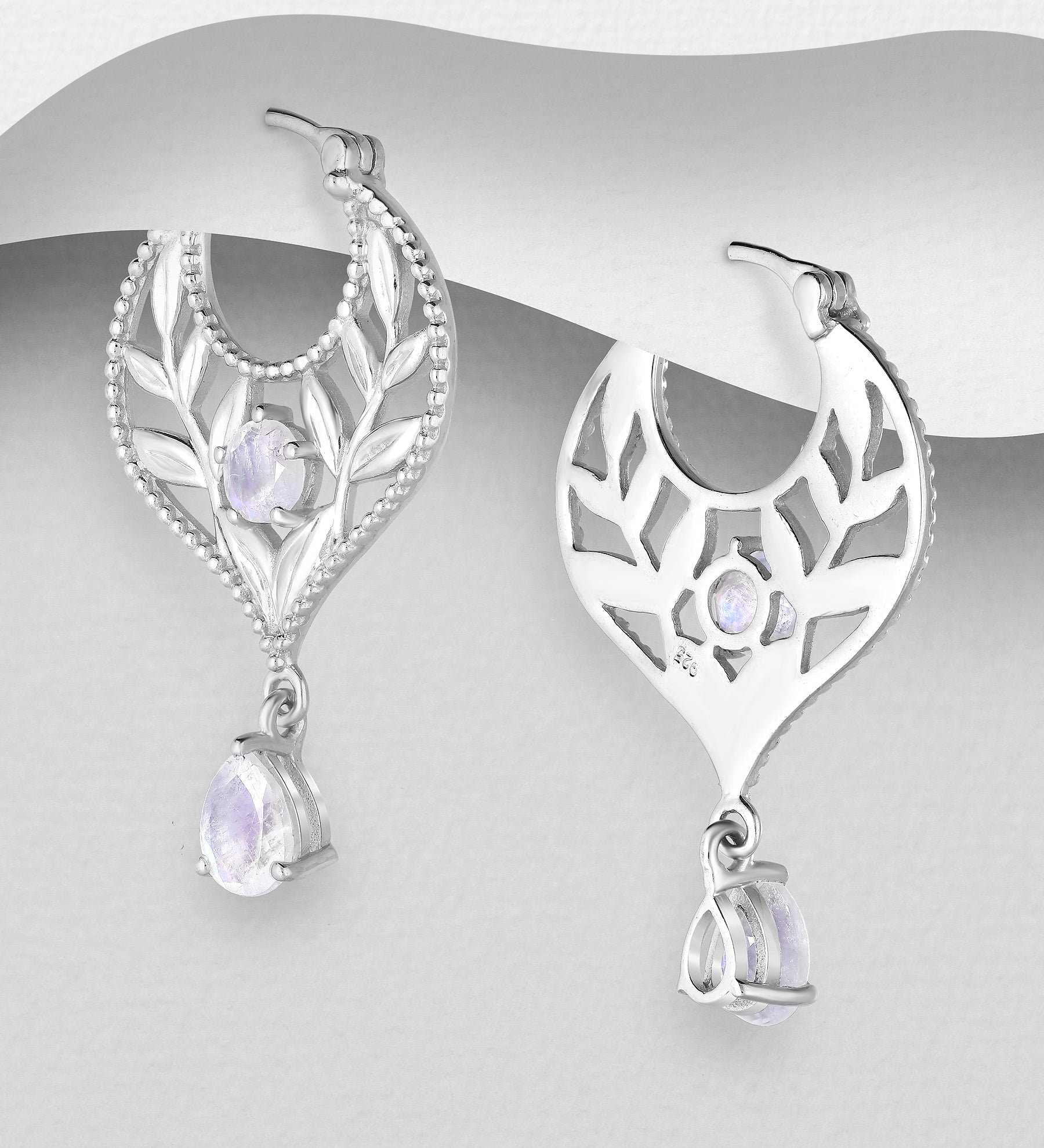 Sterling Silver Art Nouveau Rainbow Moonstone Dangle Earrings