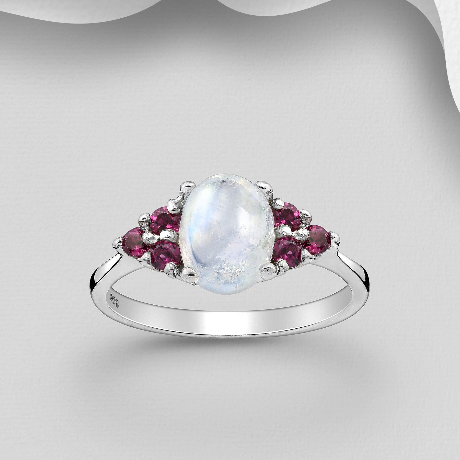 Sterling Silver Rainbow Moonstone & Rhodolite Garnet Accented Ring