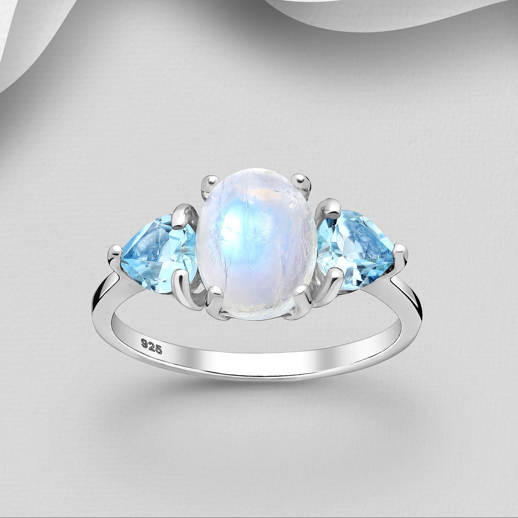 Sterling Silver Rainbow Moonstone and Sky Blue Topaz Ring