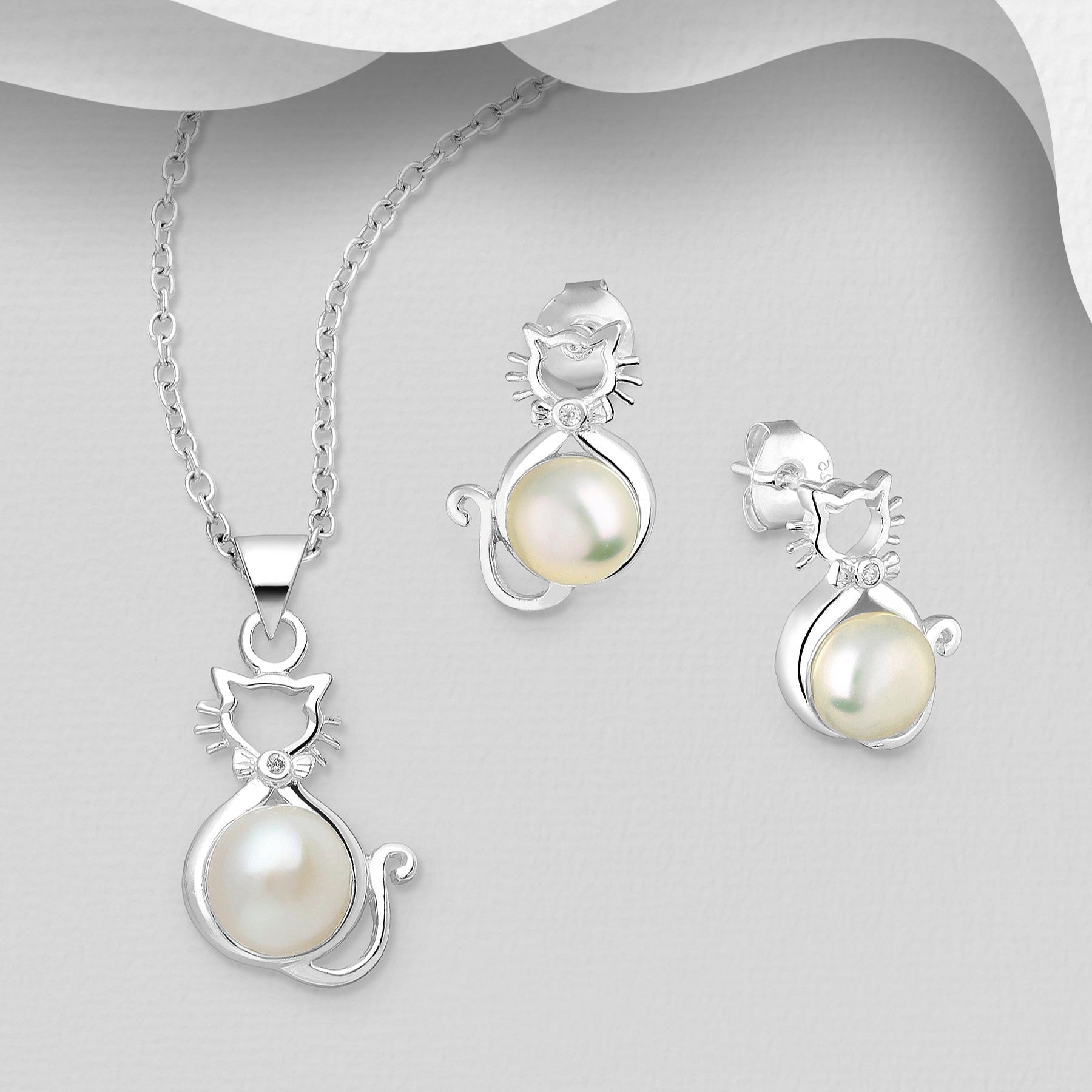CARA Sterling Silver Freshwater Pearl Cat Matching Stud Earrings & Pendant Necklace Set
