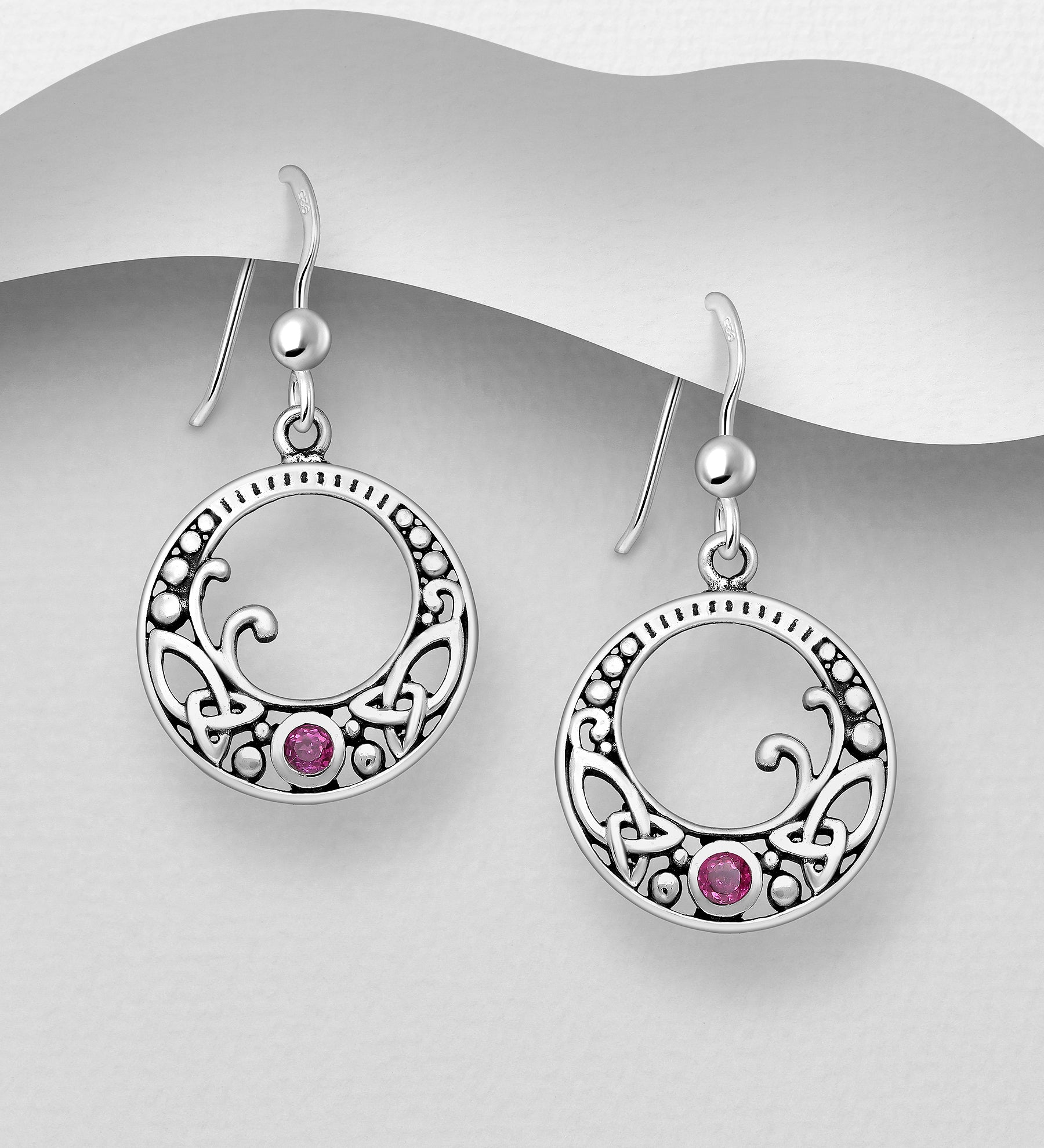 Sterling Silver Celtic Rhodolite Garnet Dangle Earrings