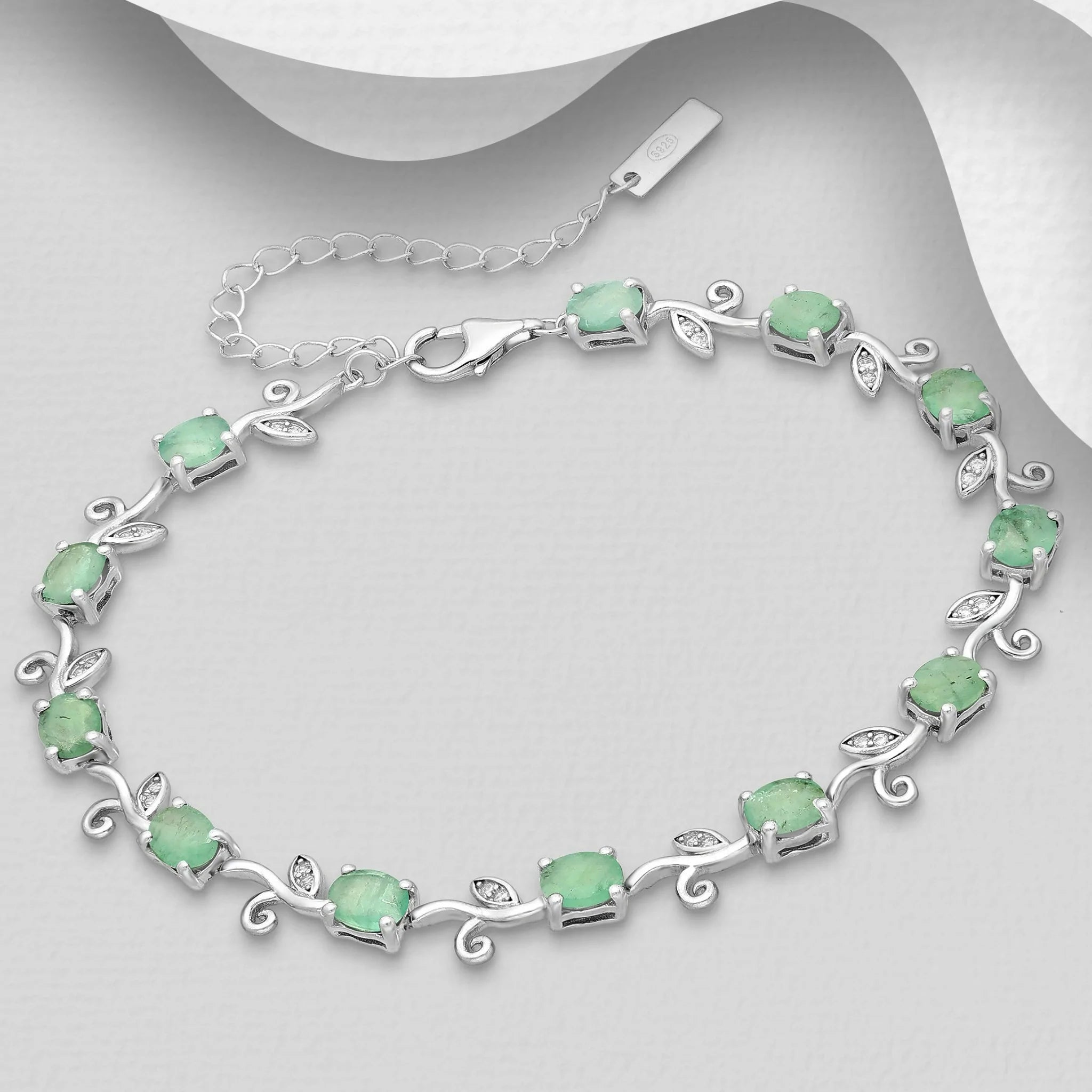 Sterling Silver Cubic Zirconia & Emerald Leaf Bracelet
