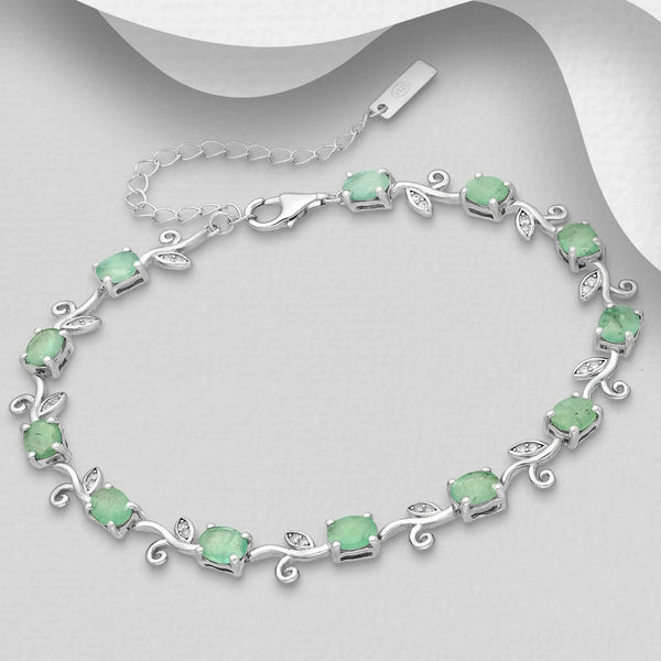 Sterling Silver Cubic Zirconia & Emerald Leaf Bracelet