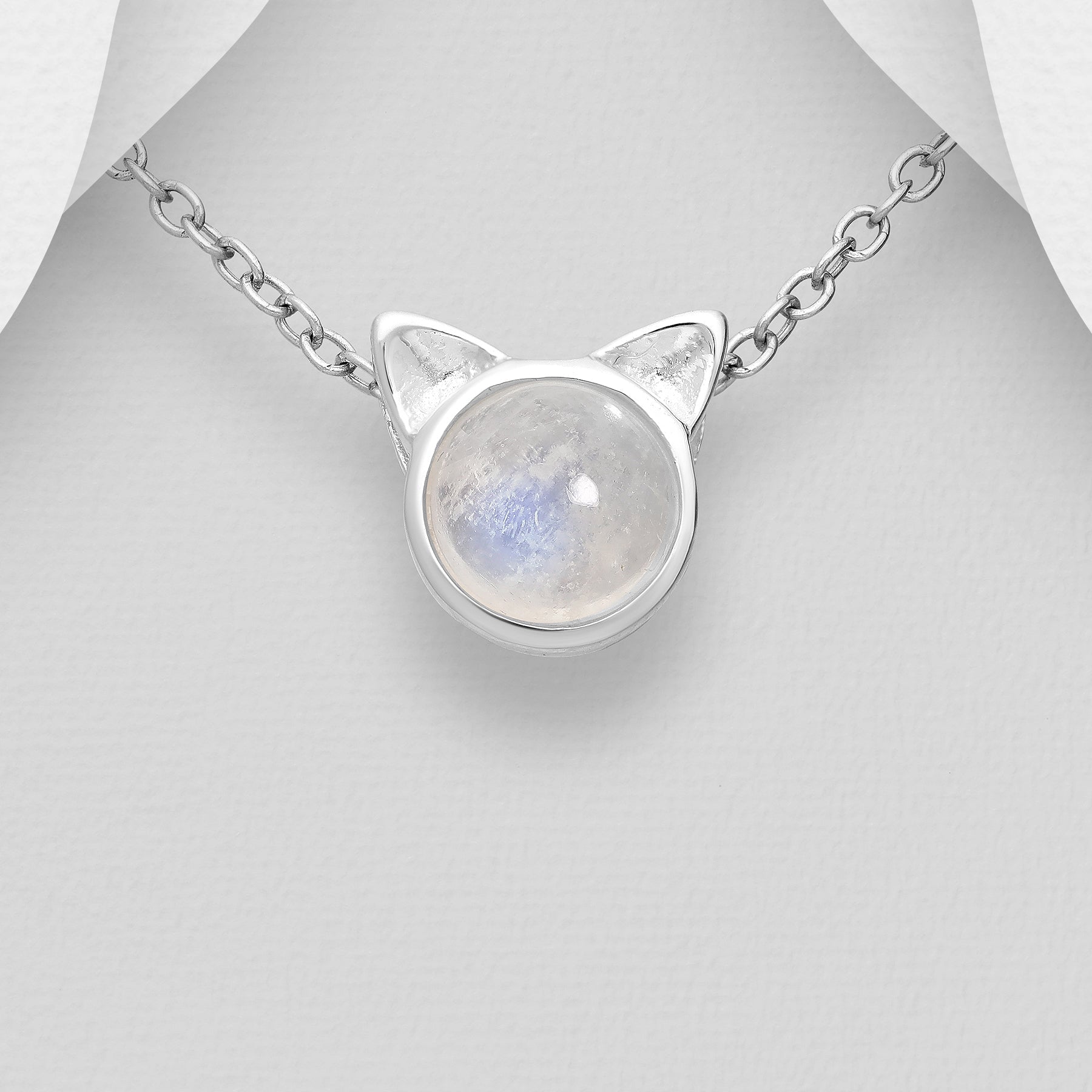 CARA Sterling Silver Rainbow Moonstone Cat Pendant Necklace