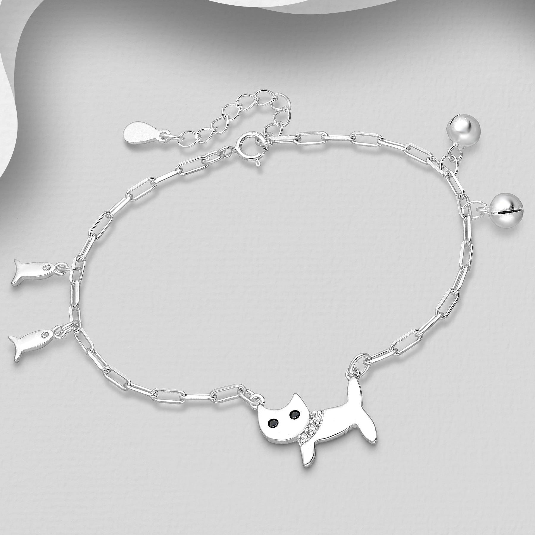 CARA Sterling Silver Kitten & Fish Jingling Charm Bracelet