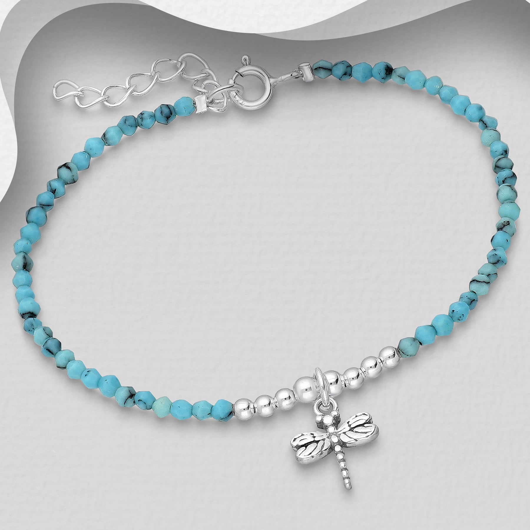 Sterling Silver Reconstructed Sky Blue Turquoise Dragonfly Bracelet