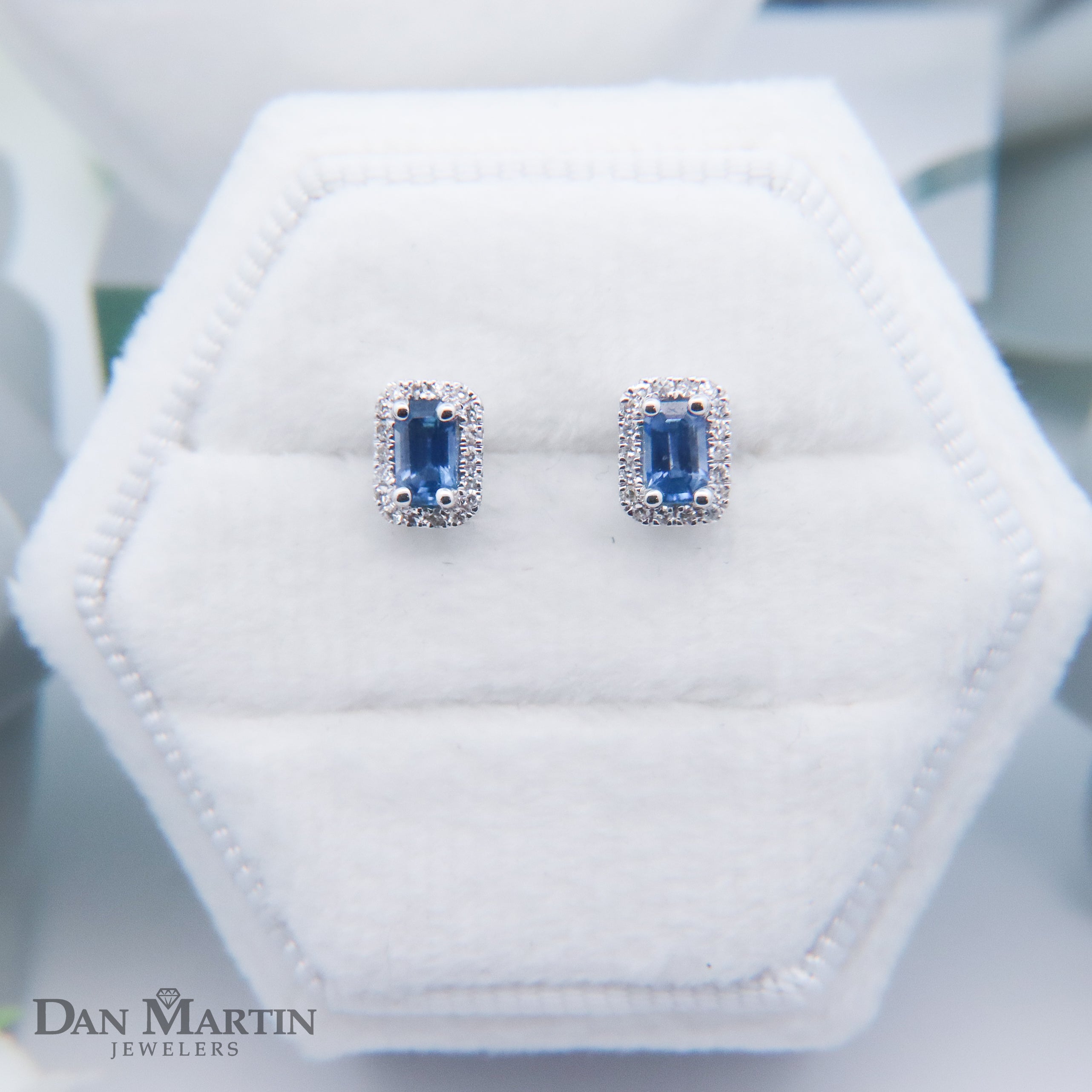 14K White Gold Ceylon Sapphire & Diamond Halo Earrings
